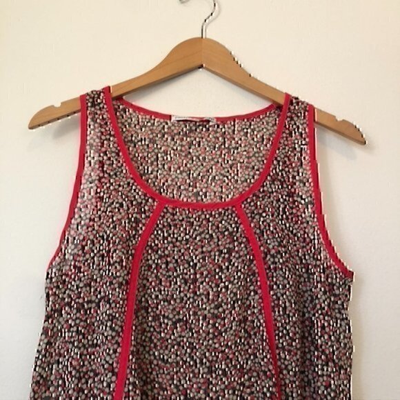 COLLECTIVE CONCEPTS Cream Beige Coral Black Polka Dot Striped Sheer Tank Medium - Picture 2 of 12